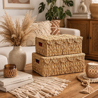 LUSYDECO Set of 2 Scalloped Edge Wicker Basket with Lids, Rectangle Wicker Storage Basket with Built-in Handles, Multipurpose Organizer Rattan Display Boxes for Shelf, Nursery Room