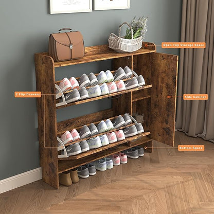 Shoe Storage Cabinet with 2 Flip Drawers, Freestanding Organizer with Metal Legs for Entryway, Narrow Shoe Rack Cabinet