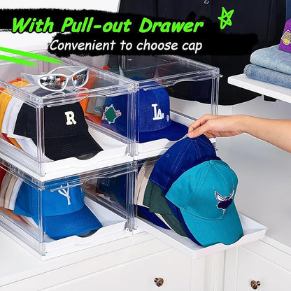 Vtopmart 4 Pack Hat Organizer for Baseball Caps, Clear Hats Holder Box with Drawer, Large Cap Storage with Sliding Tray, Stackable Rack Display Case with Magnetic Door, Each Holds 12 Hats