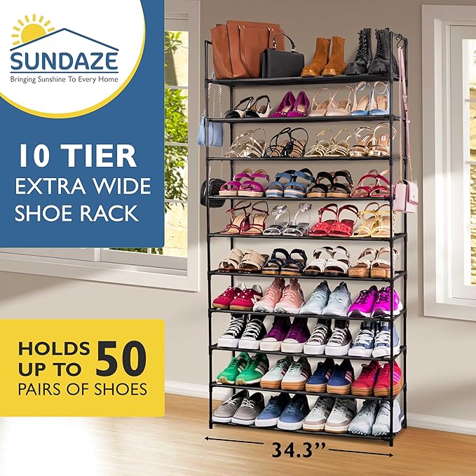 Sundaze Shoe Rack - 10 Tier Shoe Rack for Front Door Entrance, Sturdy Tall Shoe Organizer for Closet, Bedroom, Entryway, Garage, Non Woven Fabric Shelf, Black, Holds Up to 50 Pairs