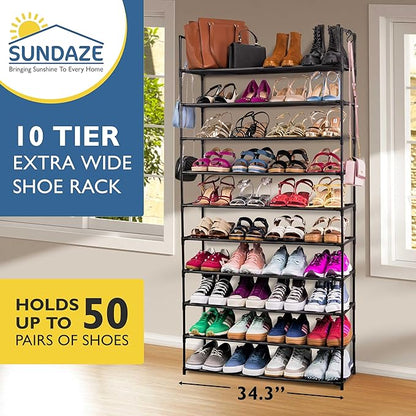 Sundaze Shoe Rack - 10 Tier Shoe Rack for Front Door Entrance, Sturdy Tall Shoe Organizer for Closet, Bedroom, Entryway, Garage, Non Woven Fabric Shelf, Black, Holds Up to 50 Pairs