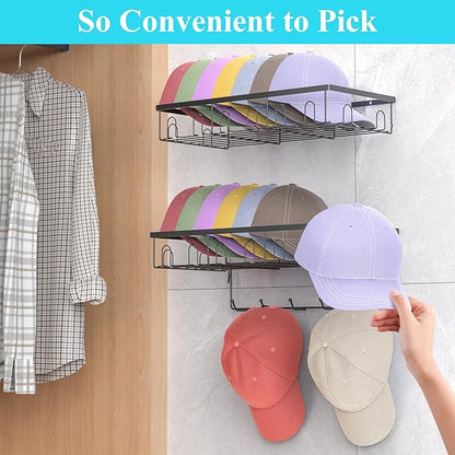 HuggieGems Metal Hat Organizer for Wall, Adhesive or Drill, Hat Rack Storage for Baseball Caps, 2 Ways of Installation, 2 Pack, Black