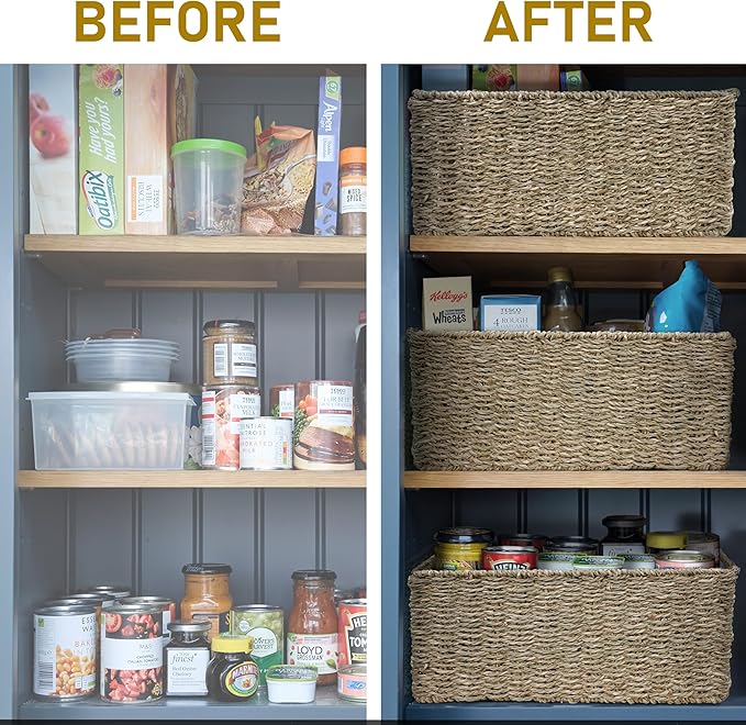 HOMESTEAD 2-Pack Rectangular Seagrass Storage Baskets with Built-In Handles, Handwoven Wicker Baskets for Pantry, Shelf, Closet & Bathroom Organization, 13.25 x 8.25 x 7.25 in