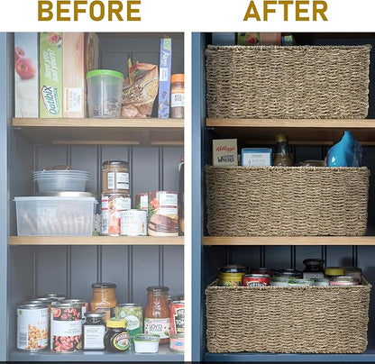 HOMESTEAD 2-Pack Rectangular Seagrass Storage Baskets with Built-In Handles, Handwoven Wicker Baskets for Pantry, Shelf, Closet & Bathroom Organization, 13.25 x 8.25 x 7.25 in