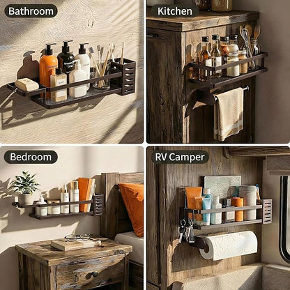 PUSDON 5-in-1 Shower Caddy & Kitchen Organizer Set, Wall Mount Wide Spice Rack with Paper Towel Holder, Utensil Holder, Soap Dish, Rustproof Mesh Baskets Hold 50LBS - Vintage Bronze, Guardrail