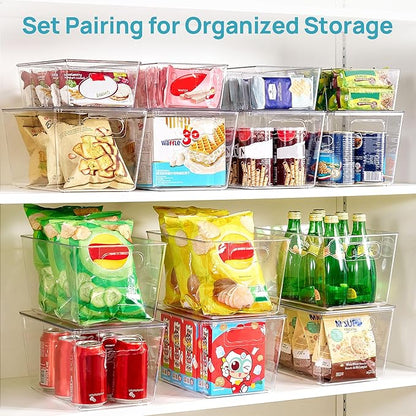 Vtopmart 8 Pack Clear Plastic Storage Bins Set, 4 Large Pantry Organizer Bins with Lids & Handles and 4 Medium Snack Organizer Bins with 4-Compartment for Pantry, Kitchen, Fridge, Cabinet Organization