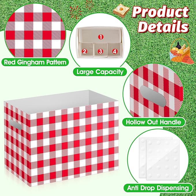 2PCS Red Gingham Utensil Holder Paper Utensil Caddy for Gingham Party Supplies Disposable Cutlery Holder with Handles Party Favors Cutlery Caddy for Red and White Checkered Birthday Decorations