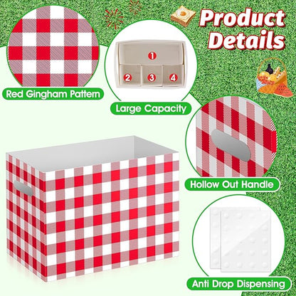 2PCS Red Gingham Utensil Holder Paper Utensil Caddy for Gingham Party Supplies Disposable Cutlery Holder with Handles Party Favors Cutlery Caddy for Red and White Checkered Birthday Decorations