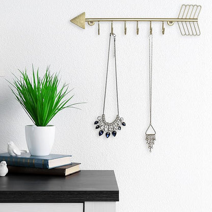 MyGift 12 Inch Wall Mounted Brass Tone Metal Arrow Shaped Jewelry Organizer, Hanging Accessories Storage Display Rack with 6 Hooks for Necklaces Bracelets Keys