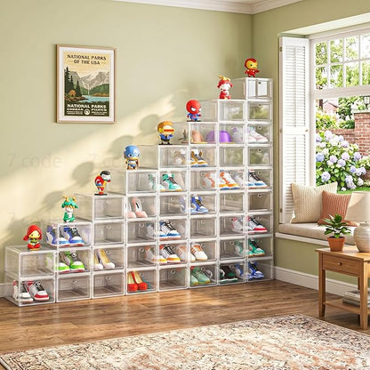 7 code Shoe Organizer, Clear Thickened Stackable Shoe Boxes with Magnetic Door, Collapsible Closet Storage Rack for Sneakers & Boots, 6 Pack White, Virgin Material, Not Recycled Plastic for Household