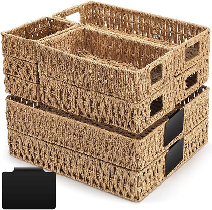Marsui 9 Pcs Paper Rope Storage Baskets with Handle Labels Handwoven Multi-size Primary Color Storage Bins for Organizing Small Baskets Container for Shelves Closet Pantry Toilet