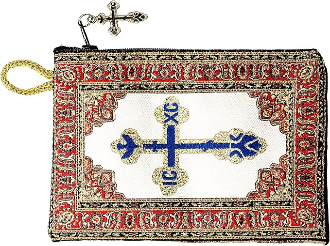 Intercession Hand-Woven, Lined Madonna and Child Rosary Pouch, Made in Turkey with Premium Metallic Thread (Red - Small)