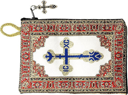 Intercession Hand-Woven, Lined Madonna and Child Rosary Pouch, Made in Turkey with Premium Metallic Thread (Red - Small)