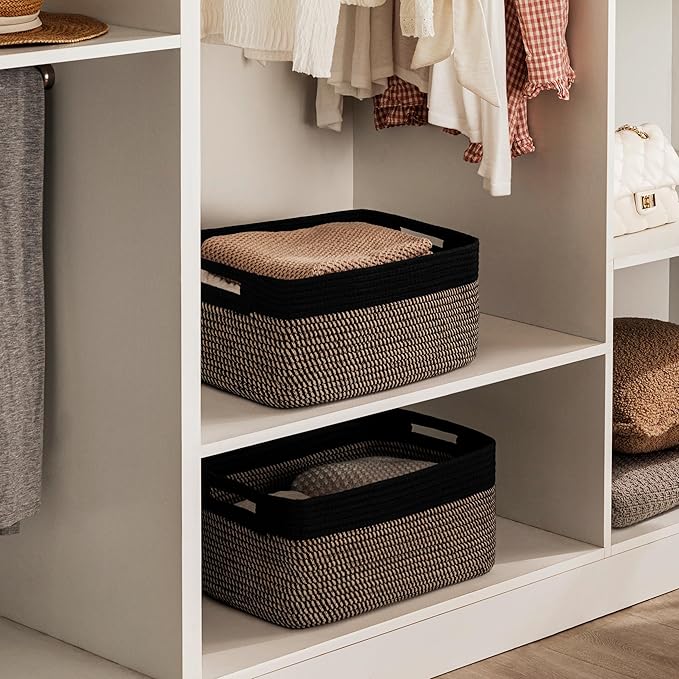 UBBCARE 2 Pack Storage Baskets for Shelves, Large Woven Storage Baskets, Dog Toy Bins, Baskets for Organizing Clothes, Towels, Books, Blanket, 17"L x 13"W x 7.5"H, Black&Brown