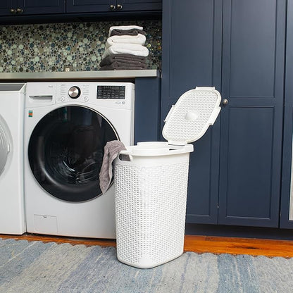 Mind Reader Slim Laundry Hamper with Lid, 60L Tall Clothes Basket, Narrow Tapered Design for Bathrooms, Closets and Laundry Rooms, Plastic, 2 Pack, White