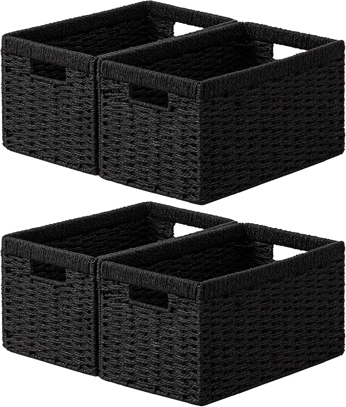 joybest Black Wicker Baskets for Shelves, 13.4L x 8.3W x 7.1H inch Hand-woven Storage Baskets for Pantry Organizing, Foldable Rectangular Bin with Handles, 4-pack