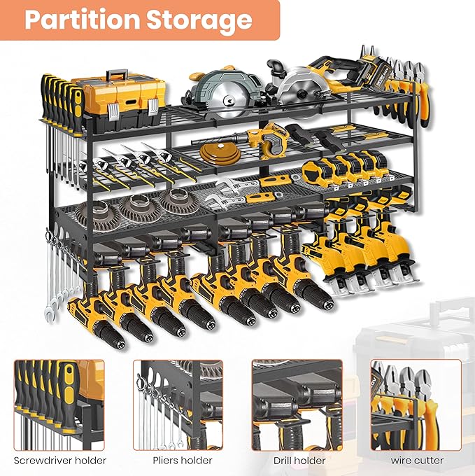 SINTIKI 49 inch Large Power Tool Organizer Wall Mount, 4 Layer Tool Storage Rack Loads 600 LBS, Rack Holds 12 Cordless Drills, Utility Racks for Garage Organization, Gift for Men
