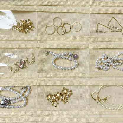 2 Pack Hanging Jewelry Organizer 80-Pocket Dual-sided Jewelry Storage for Earring Necklace Bracelet Ring Travel Holder, Black and Beige