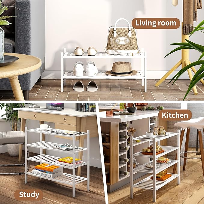 Bamboo Shoe Rack Stackable Shoe Shelf Storage Organizer for Unit Entryway Hallway and Closet Sturdy Freestanding Shoe Shelf(2 Tier White)