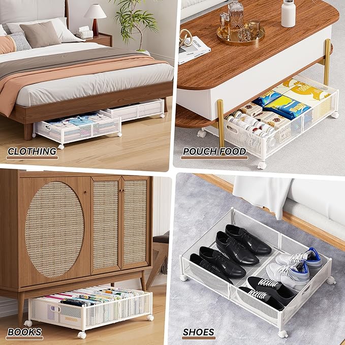 PHINOX Under Bed Storage with wheels, Under the Bed Storage Containers,Upgrade Crossed Iron Wire, Metal Rolling Underbed Storage Containers for Bedroom Clothes Shoes Blankets-2 Pack,White