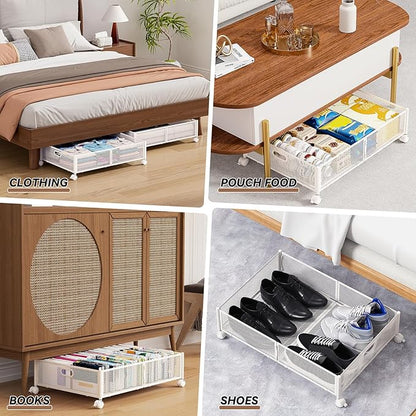 PHINOX Under Bed Storage with wheels, Under the Bed Storage Containers,Upgrade Crossed Iron Wire, Metal Rolling Underbed Storage Containers for Bedroom Clothes Shoes Blankets-2 Pack,White