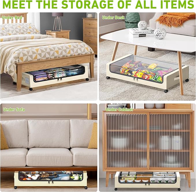 Tututry Under Bed Storage with Wheels, XXL 60L Under the Bed Storage Bins, Underbed Storage Containers with Lids & Label, Rolling Metal Drawer for Shoes, Clothes, Books, Toys (4-Pack Beige)