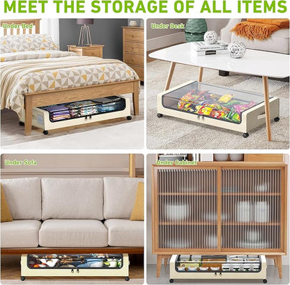 Tututry Under Bed Storage with Wheels, XXL 60L Under the Bed Storage Bins, Underbed Storage Containers with Lids & Label, Rolling Metal Drawer for Shoes, Clothes, Books, Toys (4-Pack Beige)
