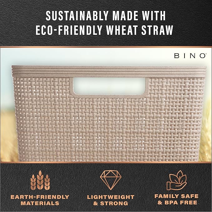 BINO | Woven Plastic Basket | Small (Natural Grey), 4-Pack | THE JUTE COLLECTION | Home Organization, Space - Saving Storage, Stylish Design | Jute Basket | Plastic Storage Basket