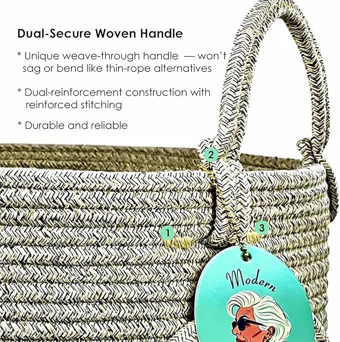 Modern Granny Small Cotton Rope Laundry Basket 16x10 Inch Dual Secure Woven Handle for Living Room Closet Clothes Blanket Organization
