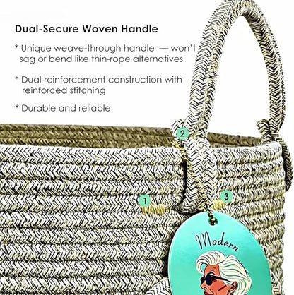 Modern Granny Small Cotton Rope Laundry Basket 16x10 Inch Dual Secure Woven Handle for Living Room Closet Clothes Blanket Organization