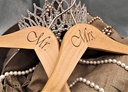 NAHANCO MRMRS20017ENG Bridal Hanger Set, Natural Wood Hangers Engraved with (Mr. and Mrs.), 17” (2 Piece Set), Natural w/Engraved Print