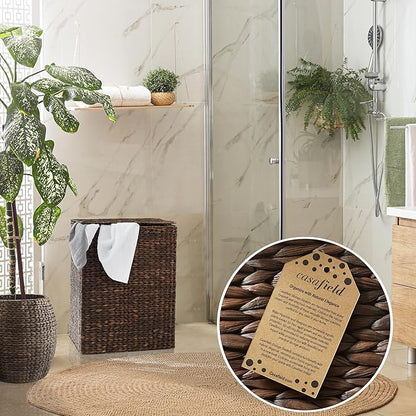 Casafield Large Laundry Hamper with Lid and Removable Liner Bag - Espresso Dark Brown, Woven Water Hyacinth Rectangular Laundry Basket Clothes Sorter