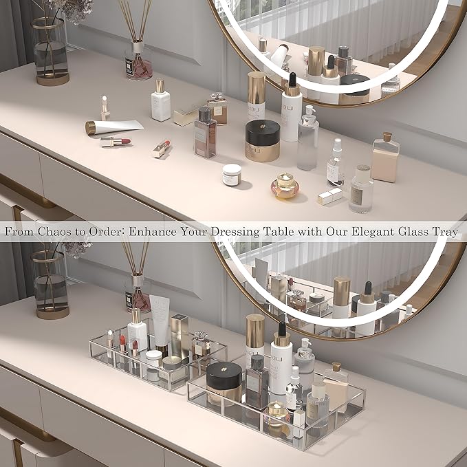 Perfume Vanity Tray With Metal Frame, Gold Bathroom Decorative Tray for Dresser, Jewelry or Home Decoration 2 Pcs (L+S)