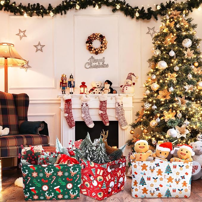 Geelin 3 Pcs Christmas Baskets Storage Gingerbread Christmas Tree Snowman Basket for Gifts Collapsible Waterproof Canvas Xmas Storage Bin Organizer with Handles for Book Closet Shelf Nursery Decor