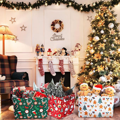 Geelin 3 Pcs Christmas Baskets Storage Gingerbread Christmas Tree Snowman Basket for Gifts Collapsible Waterproof Canvas Xmas Storage Bin Organizer with Handles for Book Closet Shelf Nursery Decor