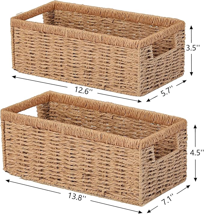 Vagusicc Wicker Storage Basket, Set of 2 Hand-Woven Paper Rope Wicker Baskets for Organizing Decor Storage Bins for Counter Shelves Pantry Basket Small Toilet Paper Basket for Toilet Tank Top, Natural