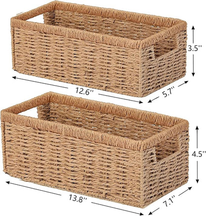 Vagusicc Wicker Storage Basket, Set of 2 Hand-Woven Paper Rope Wicker Baskets for Organizing Decor Storage Bins for Counter Shelves Pantry Basket Small Toilet Paper Basket for Toilet Tank Top, Natural
