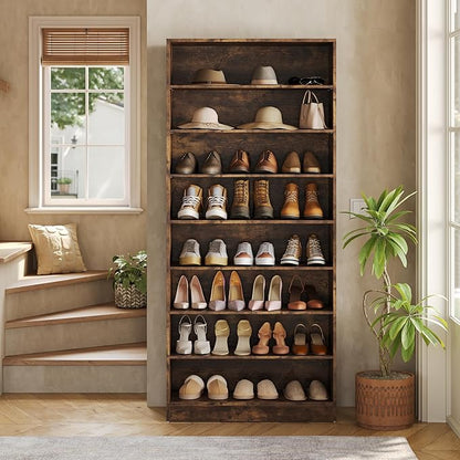 LITTLE TREE 9-Tier Shoe Cabinet, 32 Pairs Wooden Shoes Cabinet with Adjustable Shelves, 70.9" Tall Shoe Cabinet, Freestanding Modern Shoe Rack Organizer for Living Room Bedroom Entryway, Rustic Brown