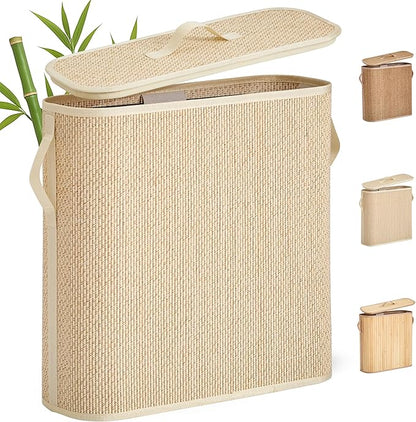 Bamboo Toilet Paper Storage Basket with Lid & Handle - 32L Large Capacity Handwoven Bathroom Organizer for 16 Rolls - Sturdy Stand Holder for Toilet Paper Organization, Light Natural