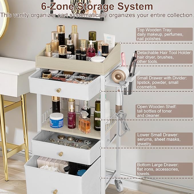 Makeup Organizer Cart with 3 Drawers, Large Cosmetic Organizer with Detachable Hair Tool Holder, Makeup Cabinet Cosmetic Display Cases for Skin Care Perfume Nail Polish, White & Natural