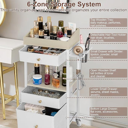 Makeup Organizer Cart with 3 Drawers, Large Cosmetic Organizer with Detachable Hair Tool Holder, Makeup Cabinet Cosmetic Display Cases for Skin Care Perfume Nail Polish, White & Natural