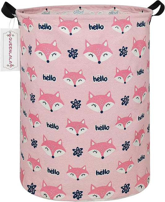 QUEENLALA Large Storage Basket,Laundry Hamper/Bathroom/Home Decor/Collapsible Round Storage Bin,Boys and Girls Hamper/Boxes/Clothing(Round-Pink Fox)