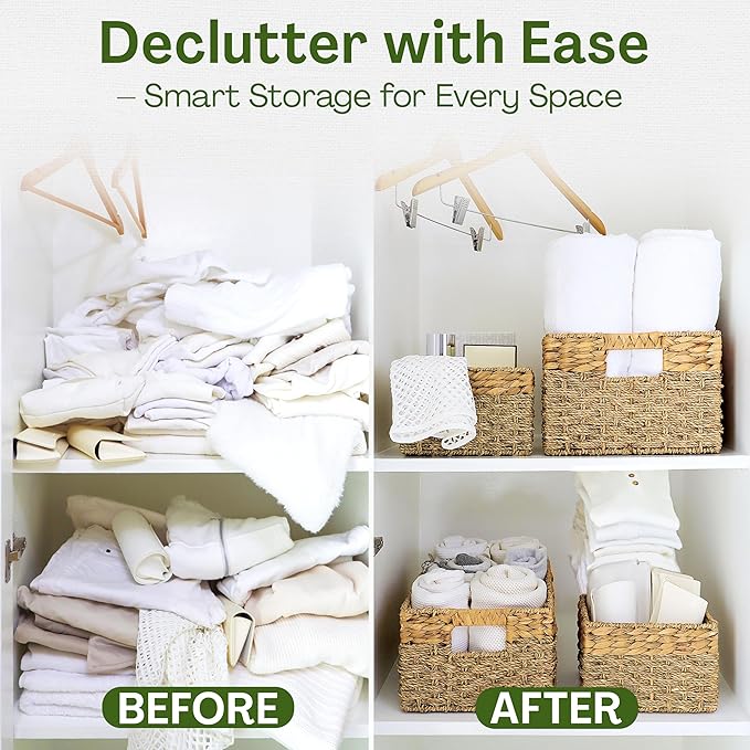 Wicker Basket Set of 4, Natural Seagrass and Hyacinth Nesting Storage Baskets with Handles for Organizing Shelves, Closet, Pantry, Living Room, Decorative Wicker Storage Baskets, 4 Pack