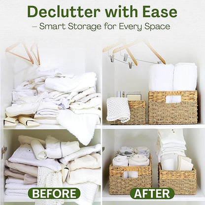 Wicker Basket Set of 4, Natural Seagrass and Hyacinth Nesting Storage Baskets with Handles for Organizing Shelves, Closet, Pantry, Living Room, Decorative Wicker Storage Baskets, 4 Pack