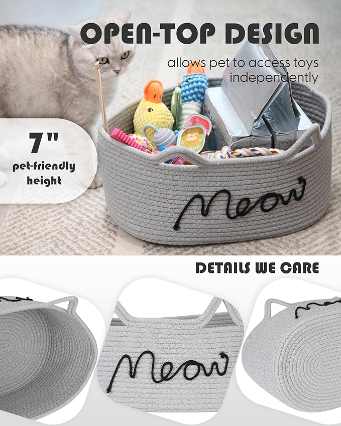 Sea Team Cat Toy Basket with Handles, 16.5 x 11 x 7 Inches, 4.4 Gallons Large Cotton Rope Storage Bin, Box, Shelf Organizer for Pet Chew Toys, Foods, Grey Meow