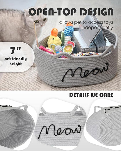Sea Team Cat Toy Basket with Handles, 16.5 x 11 x 7 Inches, 4.4 Gallons Large Cotton Rope Storage Bin, Box, Shelf Organizer for Pet Chew Toys, Foods, Grey Meow