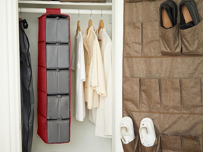 Covermates Keepsakes Hanging Shoe Organizer Set - Heavy Duty Material, Sturdy Interior Shelves, Includes Trays with Dividers - Closet Storage, Red Heather