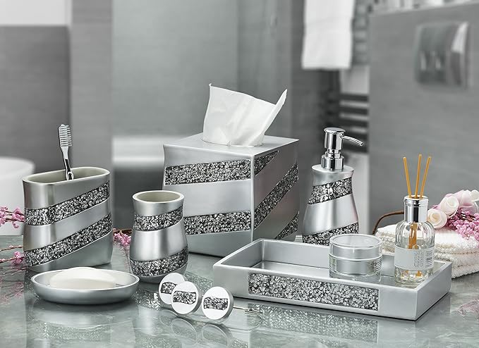 Creative Scents Silver Mosaic Bathroom Tray - Decorative Bathroom Vanity Tray - Perfume Tray for Dresser - Small Rectangle Mirror Tray for Perfume and Makeup - Bling Silver Bathroom Accessories