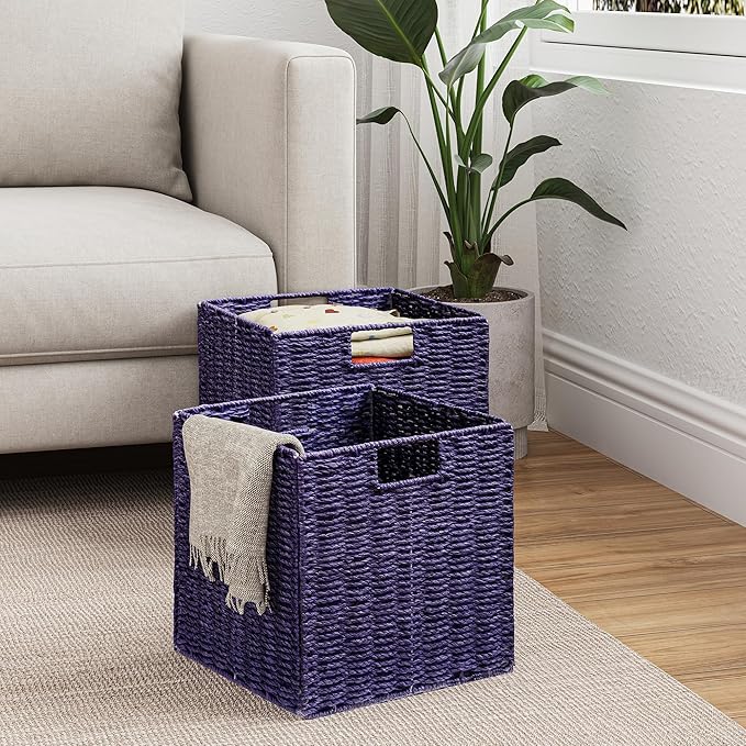 Vagusicc Wicker Storage Basket, Set of 2 Hand-Woven Paper Rope Wicker Basket, Foldable Cube Storage Bins, Square Large Storage Baskets for Organizing Shelves, Decor, Orange (13″×13″×13″)