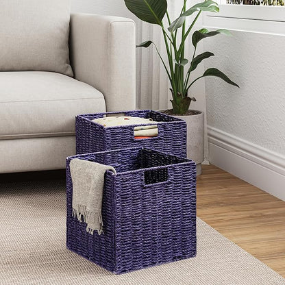Vagusicc Wicker Storage Basket, Set of 2 Hand-Woven Paper Rope Wicker Basket, Foldable Cube Storage Bins, Square Large Storage Baskets for Organizing Shelves, Decor, Orange (13″×13″×13″)